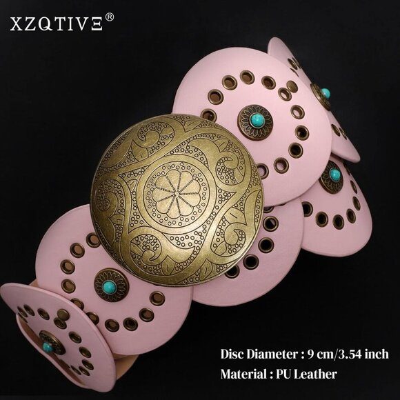 Woman\'s Western PU Leather Belts Concho Disc Wide Waist Belt Pink Bronze Buckle main image 4